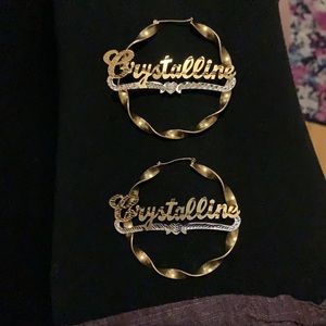 Tres Colori 18 Karat Gold Plated Nameplate Hoop Earrings: Crystal